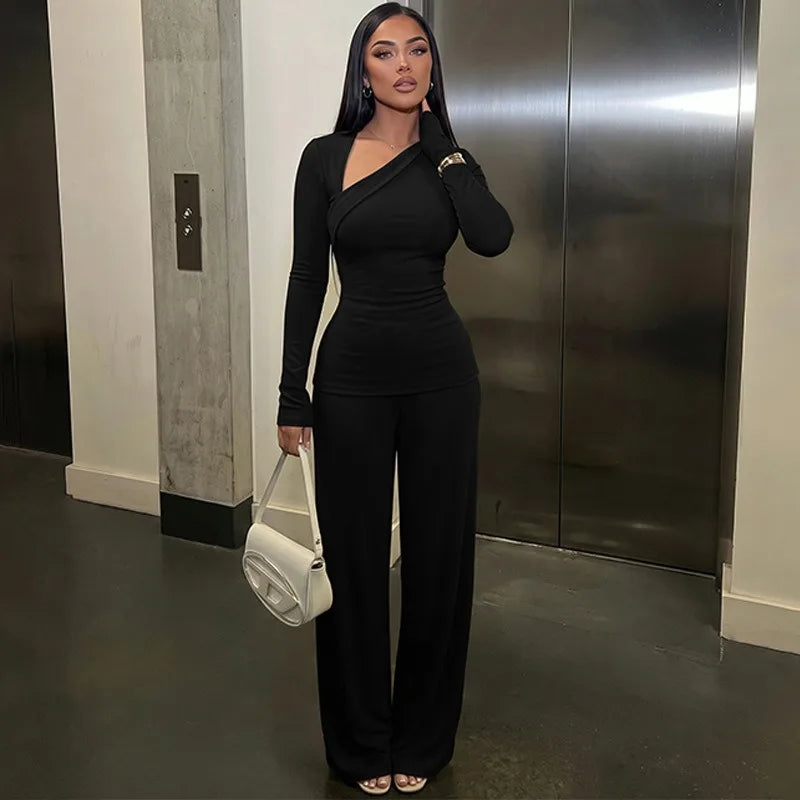 Two Piece Matching Set Asymmetric Long Sleeve Top and High Waist Wide Leg Pants Elegant Fall Outfits Woman
