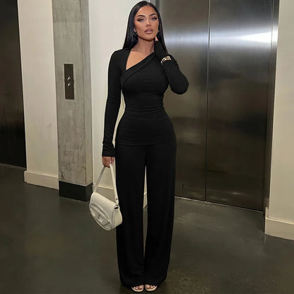 Two Piece Matching Set Asymmetric Long Sleeve Top and High Waist Wide Leg Pants Elegant Fall Outfits Woman