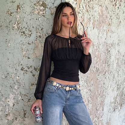Tie-front Mesh Patchwork Long Sleeve Tops Elegant Fashion Black Shirts for Women Clothes Autumn 2026