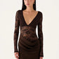 Women Deep V Neck Long Sleeve Sexy Mini Dress Lace Spliced Draped Ruched Bodycon Dress Night Club Party Evening Dresses