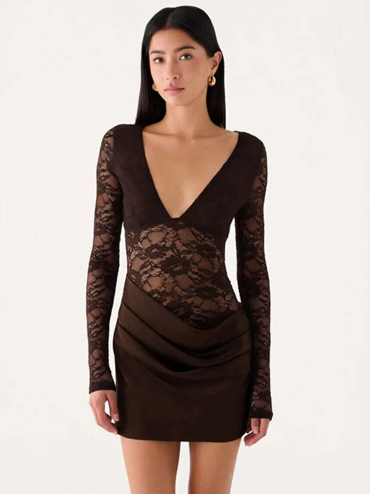 Women Deep V Neck Long Sleeve Sexy Mini Dress Lace Spliced Draped Ruched Bodycon Dress Night Club Party Evening Dresses
