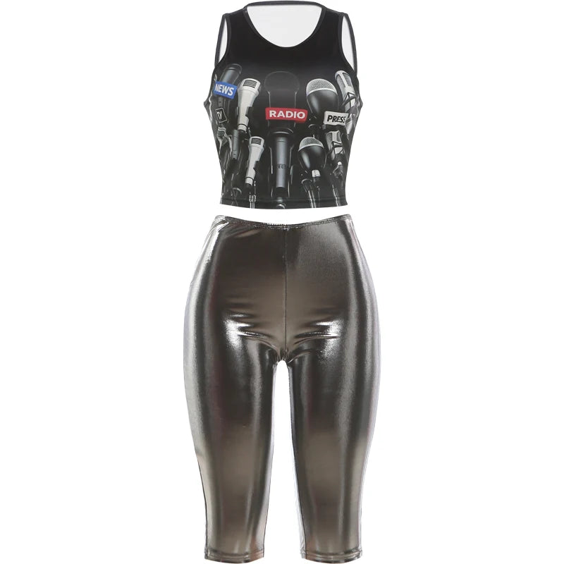 Sexy Fashion 2 Piece Set Woman Summer Trend o-Neck Shape Waist Tank Tops+Reflection Design Shorts Street Style Suits