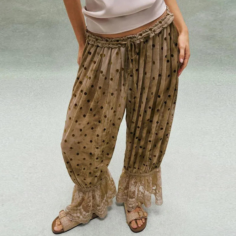 Women Y2K Bloomer Pants Lace Trim Loose Fit Ruffle Bloomers Elastic Waist Cropped Pumpkin Pettipants Pajama Bottom