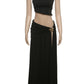 Sexy Y2K Women 2 Piece Set Elegant Skew Collar Crop Tops+Pleated Metal Buckle Maxi Skirts Party Midnight Clubwear