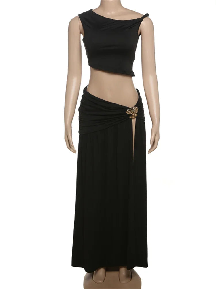 Sexy Y2K Women 2 Piece Set Elegant Skew Collar Crop Tops+Pleated Metal Buckle Maxi Skirts Party Midnight Clubwear