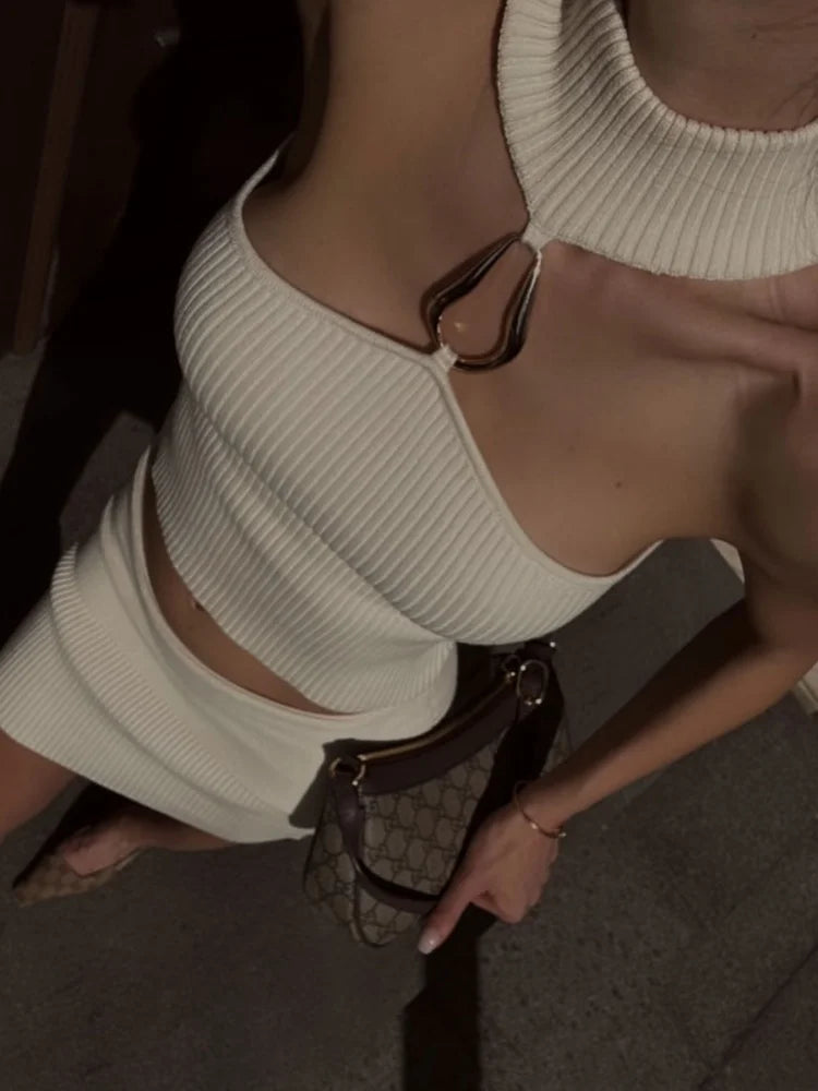 Knitted 2 Piece Set Hollow Tank Top and Mini Skirt Co Ord Sets for Woman Clothes Sexy Brunch Outfits for Women