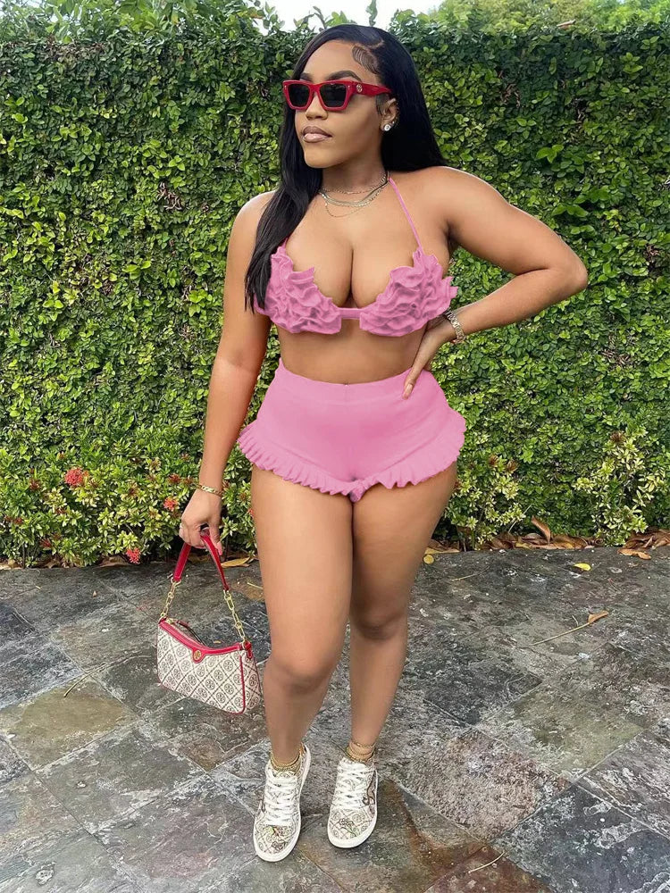 Beach Style 2 Piece Set Women Haltere Backless Ruched Bra+Ruffles Skinny Skirts Vacation Fashion Sexy Hipster Outfits