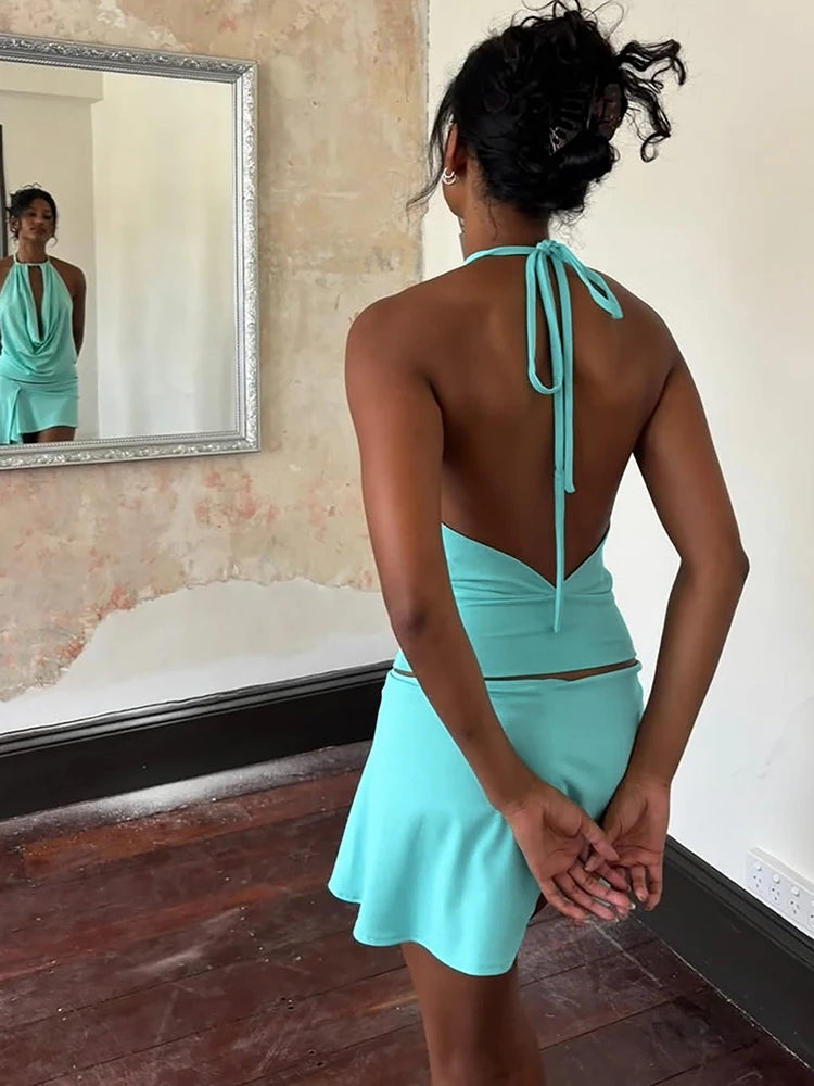 Midnight Sexy Irregular 2 Piece Set Women Trend Simple Halter Backless Tank Top+Mini Skirt Fashion Vacation Streetwear