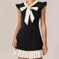 Women's Y2K Dots Print Patchwork Mini Dress Summer Fashion Flying Sleeve Bow Tie Neck Pleated Hem Short Dress