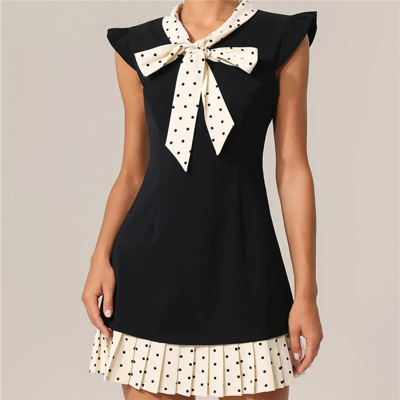 Women's Y2K Dots Print Patchwork Mini Dress Summer Fashion Flying Sleeve Bow Tie Neck Pleated Hem Short Dress