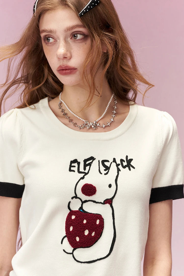 Cute Embroidered Crop Top for Women, Cartoon Knit T-Shirt with Black Cuffs, Perfect for Street Style & Casual Outfits