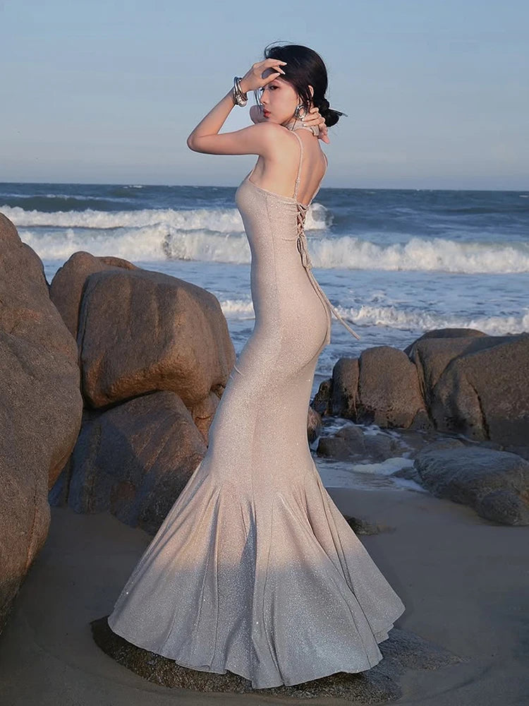 Glitter Maxi Dress Women Fish Tail Hem Backless Cross Bandage Low-Neck Sleeveless Beach Party Vacation Vestidos