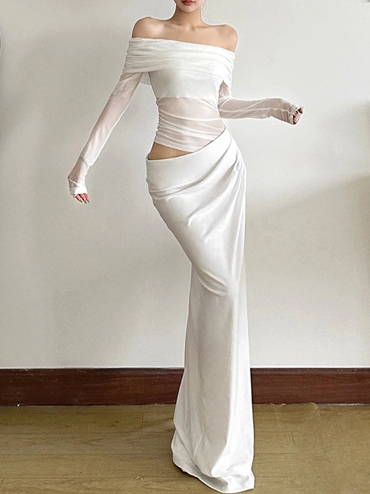 Slash Neck Dress Women Chic Elegant Sexy 2025 Patchwork Mesh Ruched Hollow Birthday Party Clubwear  Vacation Vestidos