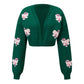 Women Christmas Candy Cane Bow Patch Cropped Knit Cardigan V Neck Long Sleeve Short Sweater Holiday Casual Outerwear