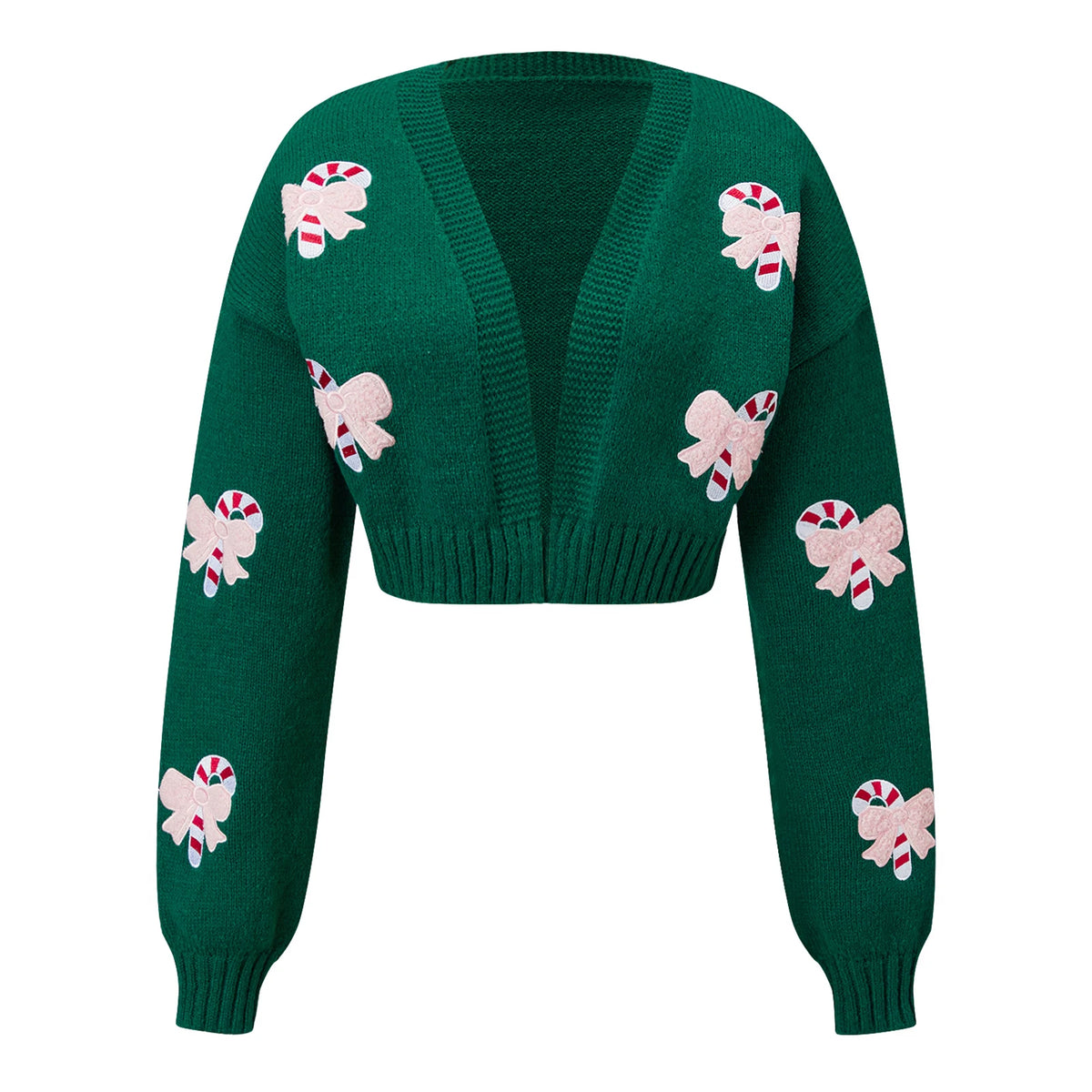 Women Christmas Candy Cane Bow Patch Cropped Knit Cardigan V Neck Long Sleeve Short Sweater Holiday Casual Outerwear
