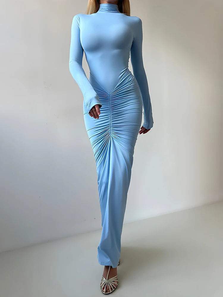 Elegant Turtleneck Dress Women Classic Ruched Fall Trend Full Sleeve Stretch Party Prom Skinny Stretch Slim Vestidos
