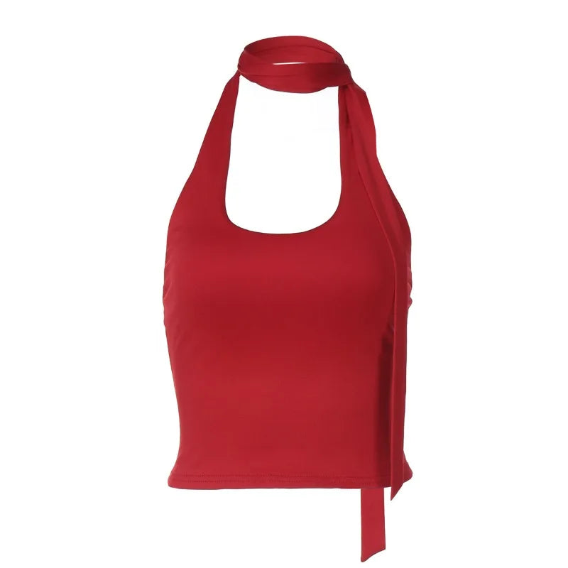 Lace Up Halter Crop Top Sexy Summer Clothes for Woman Solid Color Tanks & Camis
