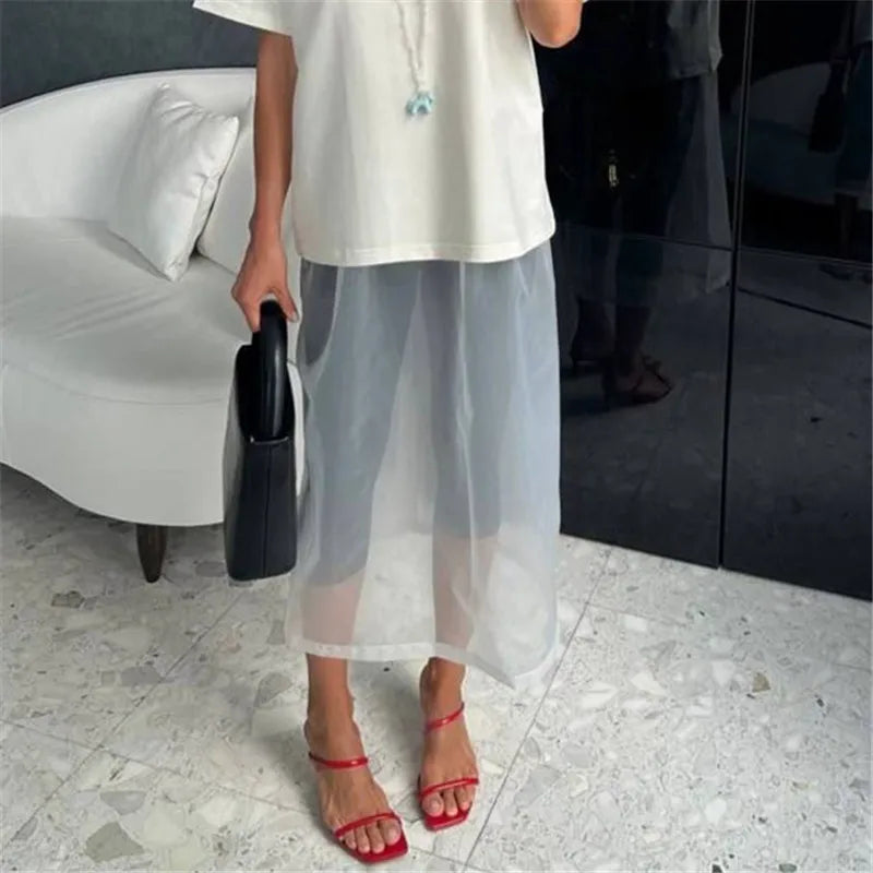 Women Minimalist Sheer Mesh Layering Midi Skirt Transparent See-Through Trimmed Hem Versatile Overlay Skirt CasualOffice