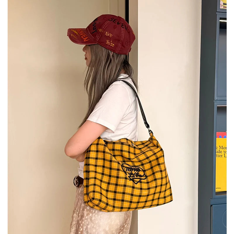 Retro Plaid Crossbody Bag with Heart Letter Embroidery, Large Capacity Tote for Women, Preppy School Messenger Bag