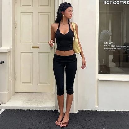 Two Piece Set Light Blue Halter-neck Crop Top and Capri Leggings Set Womens Matching Sets