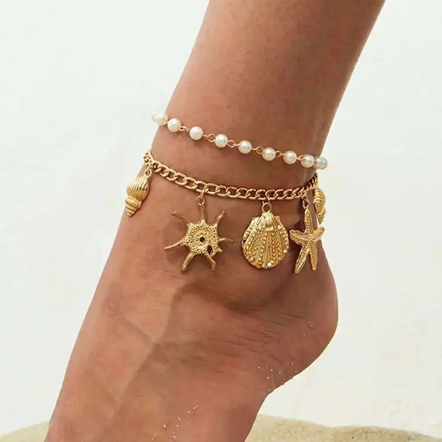 2Pcs/Set Summer Beach Barefoot Charm Anklets Women Bohemia Imitation Pearl Starfish Conch Pendant Foot Chain Jewelry