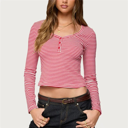Striped Casual Long Sleeve T Shirt Tops Spring Fall Women Slim Fit Crop Top Gothic Grunge Blouse Tops Basic Streetwear