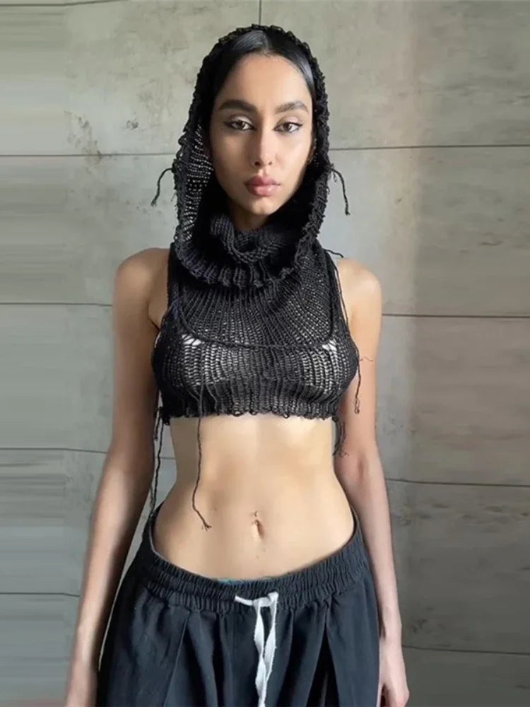Hooded Sleeveless Knitted Sweater Vest Streetwear Fashion Sexy Y2k Crop Top Autumn Clothes Women 2023