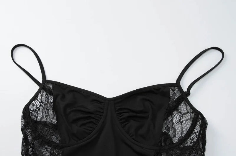 Lace Hollow Sexy Black Dresses for Woman Party Evening Outfits Spaghetti Strap Low Cut Backless Maxi Dress