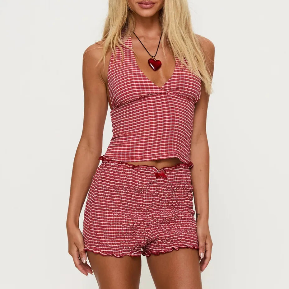 Women's Summer Y2K Gingham Halter Top Two Piece Outfit Backless V Neck Crop Top and Ruffle Hem Smocked Shorts Set