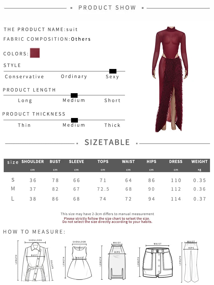 Slim See Through 2 Piece Set Woman Turtleneck Full Sleeve Bodysuits+Furry Patchwork High Splits Skirts Sexy Mesh Outfits