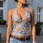 Y2K Sparkly Sequin Halter Neck Top V Neck Sleeveless Geometric Pattern Crop Top for Streetwear and Going Out Styling