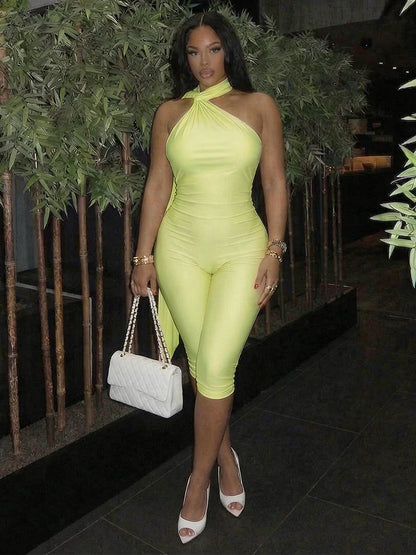 Backless Halter Satin Romper Women Fashion Trend Metal Ring Patchwork Ribbon Knot Sleeveless Sexy Street Clubwear