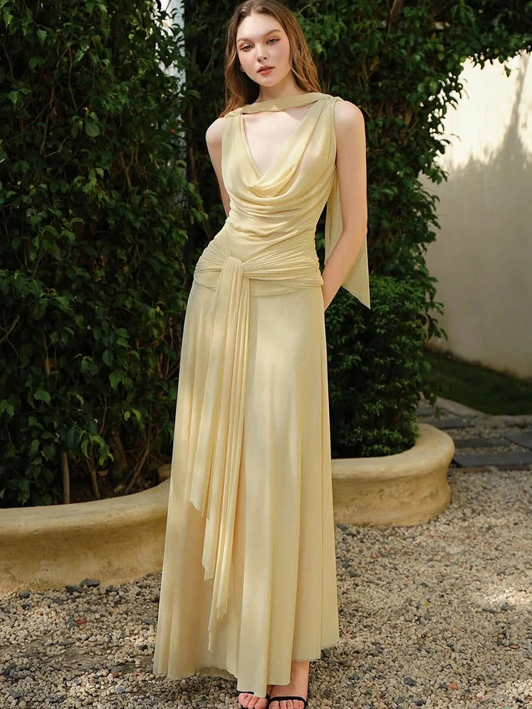 Bandage Tassel Dress Women Y2K Simple Swing Collar Sleeveless Irregular Hem Beach Party Elegant Banquet Chic Vestidos