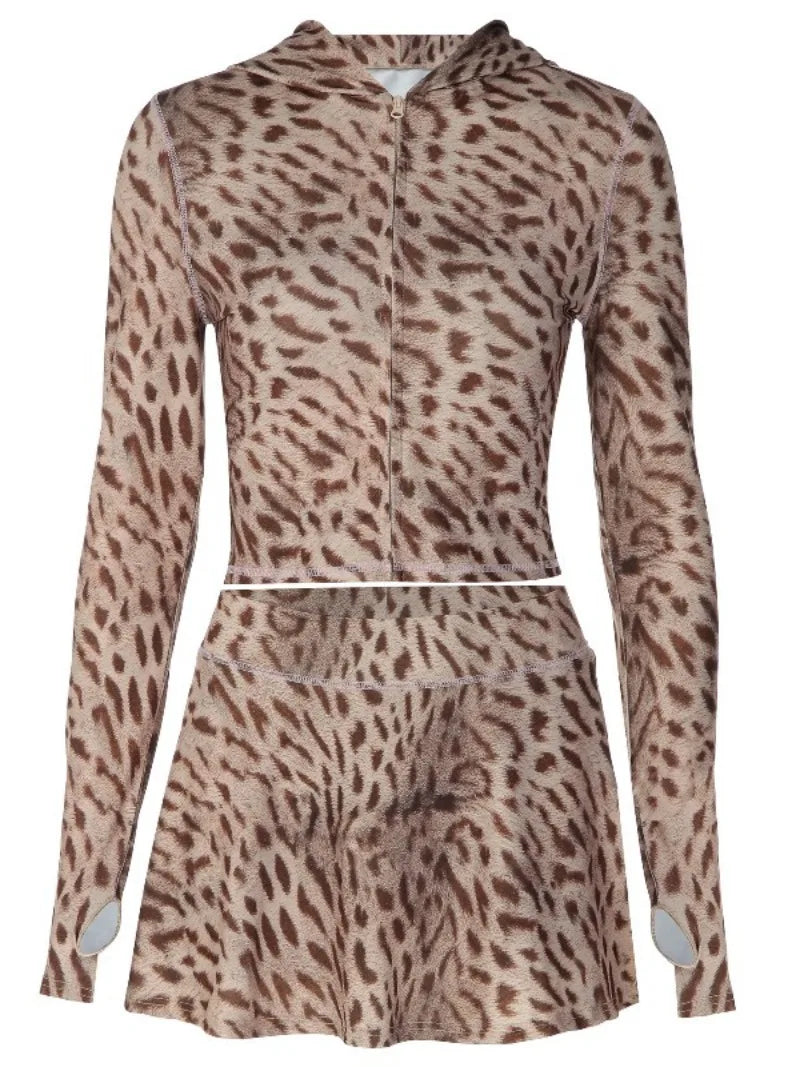Leopard Print Long Sleeve 2 Piece Set Zip-up Hooded Crop Top and Mini Skirt Fall Outfits Womens Matching Sets