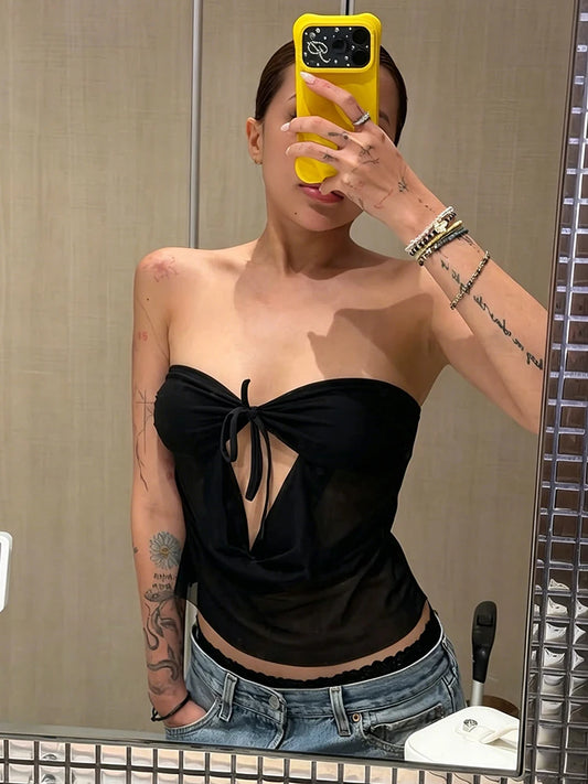 Bandage Hollow Tank Tops Women Patchwork Low-Neck Folds Solid Sexy Midnight Hottie Summer Music Festival Streetwear
