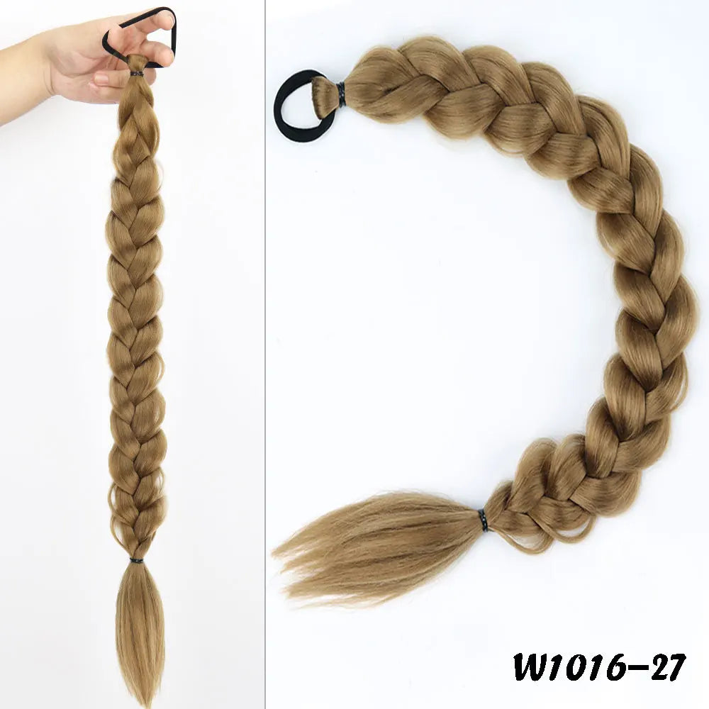 24inches Synthetic Long Braided Ponytail Hair Extensions for Women Black Brown Pony Tail with Hair Rope High Temperature Fiber