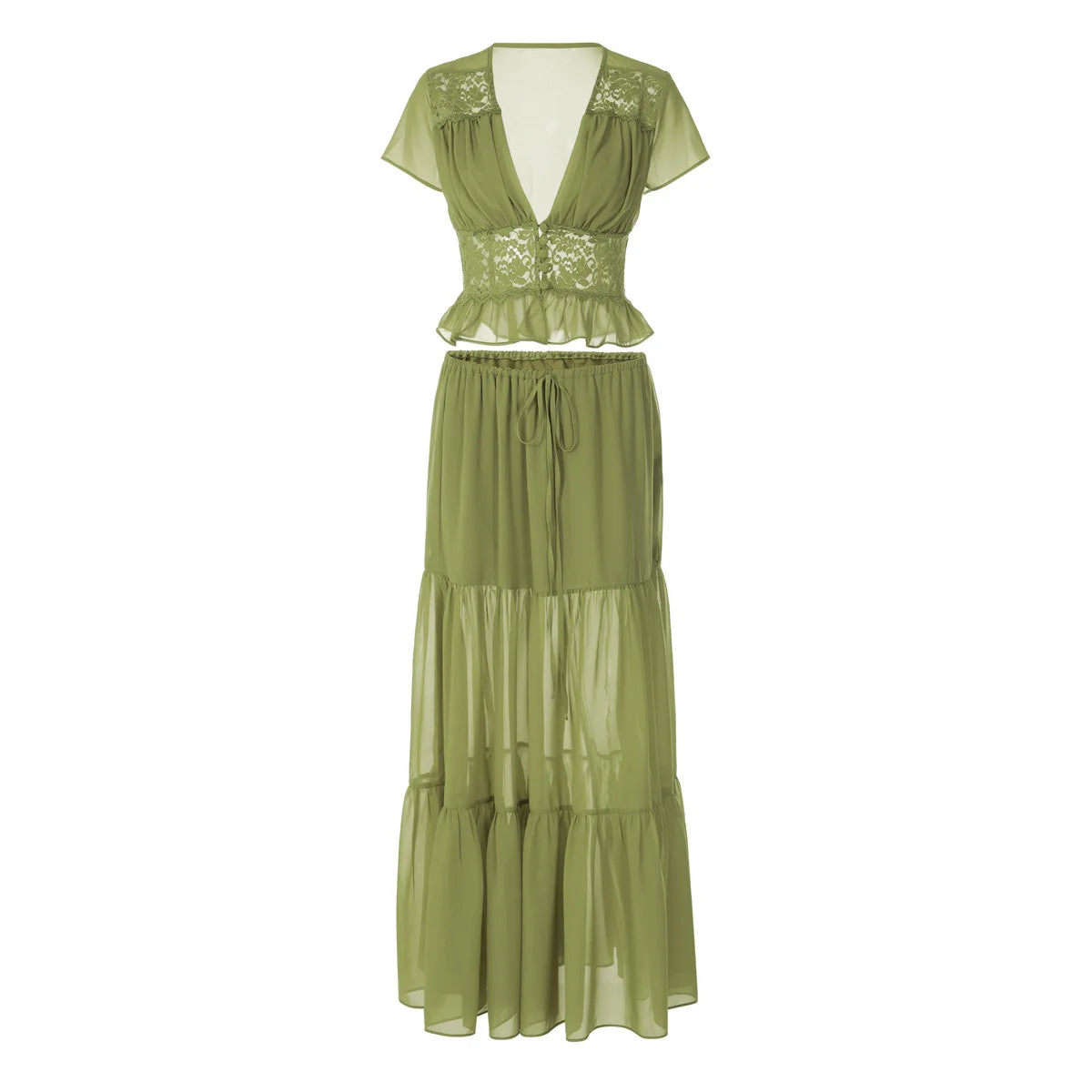Women's Matching Sets Sexy Lace Chiffon Cardigan Top and Tiered Maxi Skirt 2 Piece Set Vacation Outfits