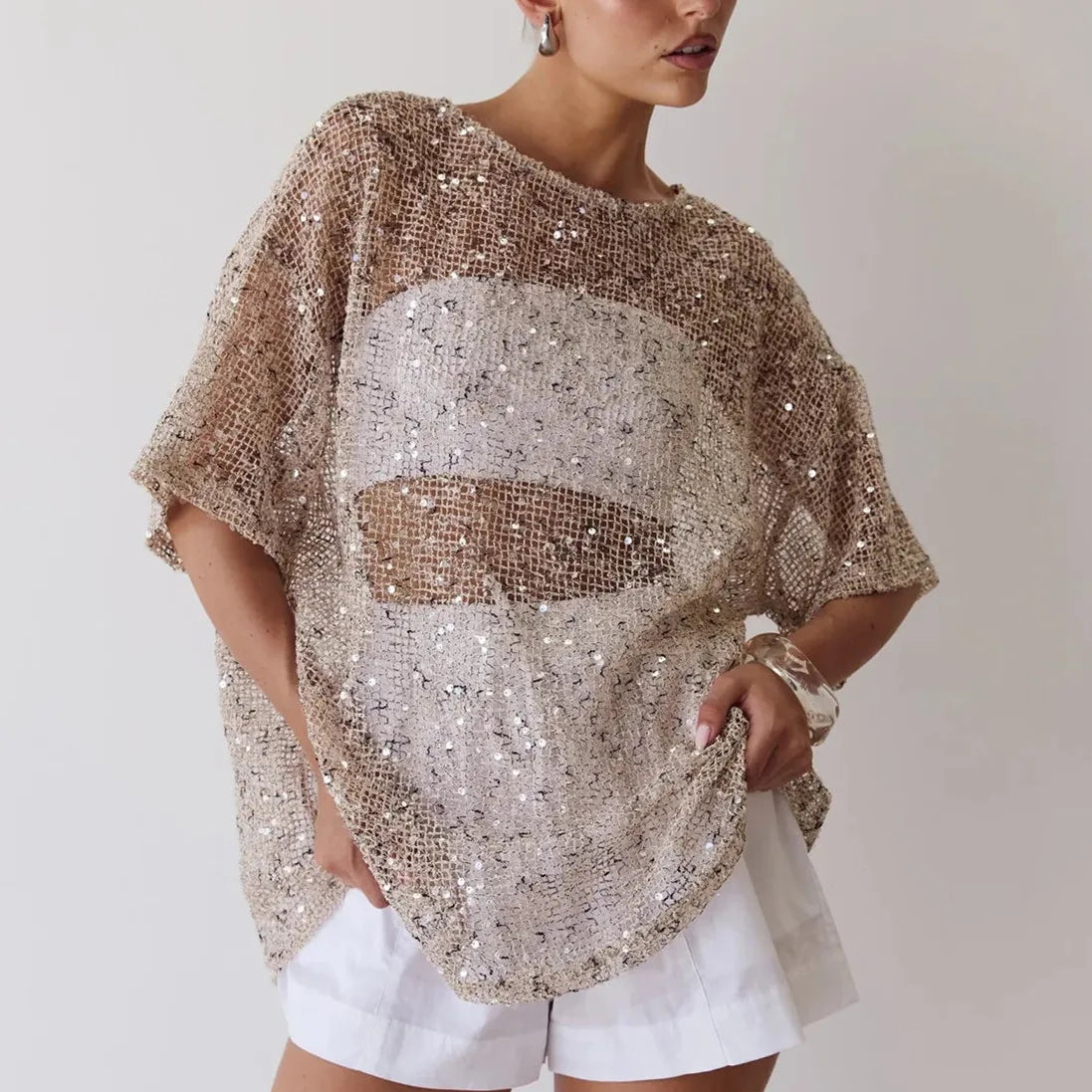 Women's Summer Sequined T-Shirt Casual Loose Fit Stylish Solid Color See Through Crew Neck Elbow Sleeve Tops Cover Ups