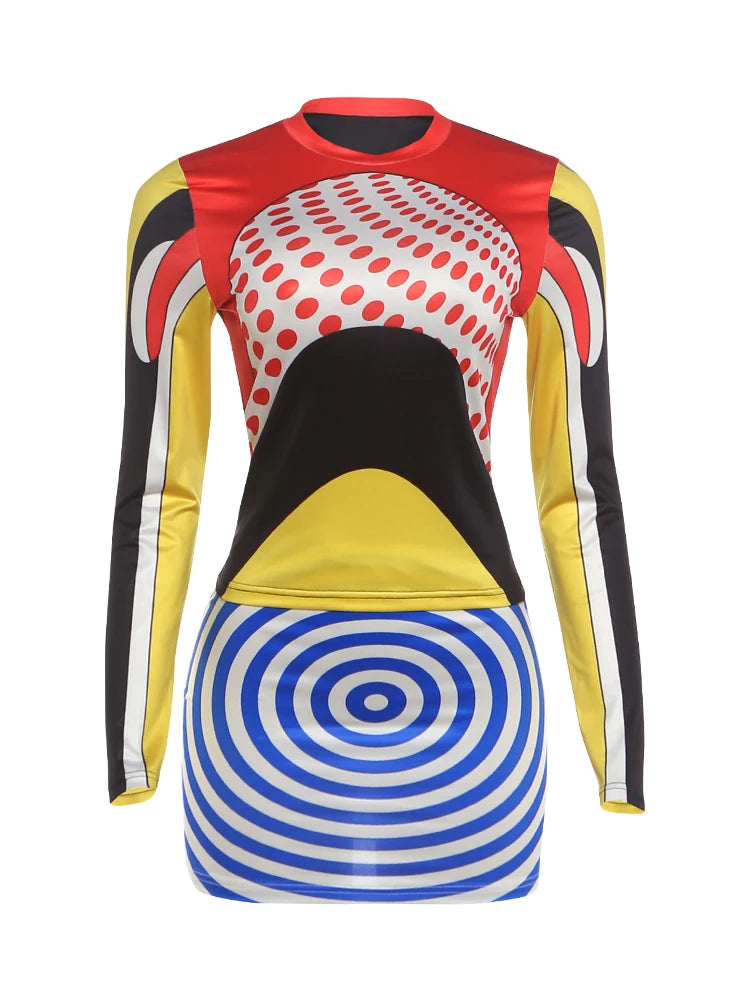 Fashion 2-Piece Set Women Colorful Art Half Turtleneck Full Sleeve Crop Top+Thread Print Simple Skirt Slim Party Suit