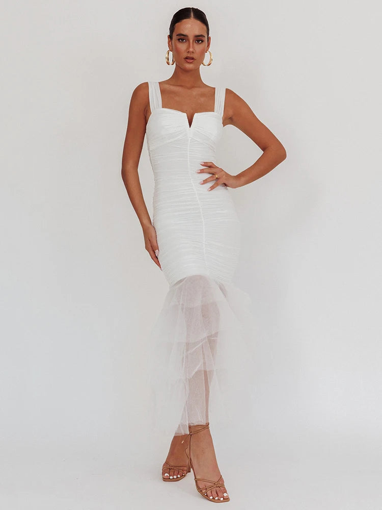 Mesh Backless Sexy Maxi Dress For Women Gown Two Layer Spaghetti Strap Sleeveless Ruched Bodycon Club Party Dress