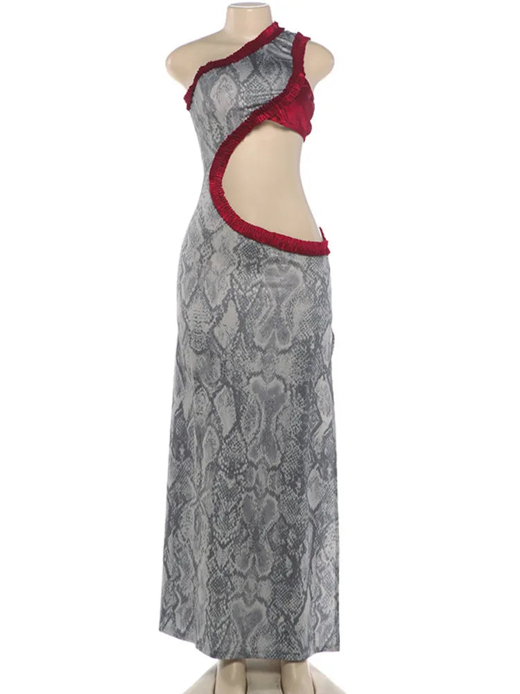 Women One Shoulder Snake Print Maxi Dress Ruffle Trim Cutout Waist High Split Sleeveless Bodycon Evening Party Dress