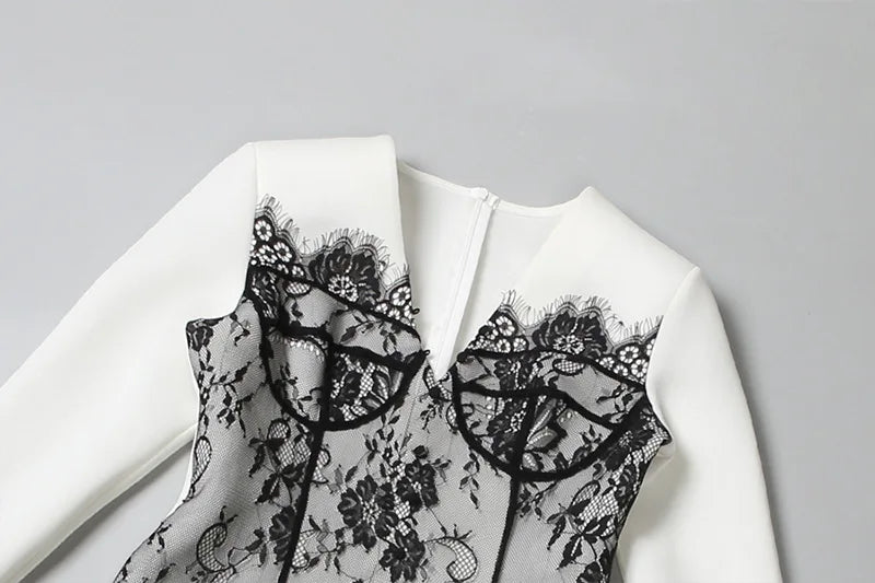 Lace Patchwork White Blazer Dress Winter Woman Elegant Fashion V Neck Long Sleeve Short Dresses