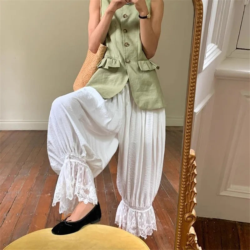 Solid Elastic Mid Rise Ruffle Pantaloons Cropped Flared Slips Pants Pajama Bottoms Women Y2K Lace Trim Hem Long Bloomers