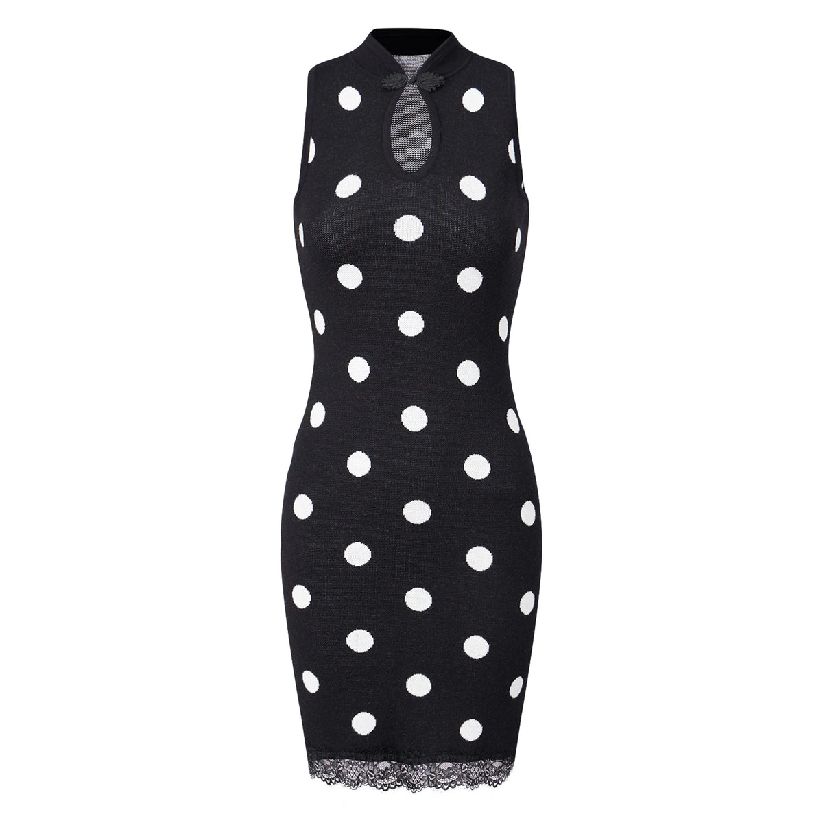 Knit Polka Dot Bodycon Mini Dress Women Sleeveless Halter Qipao Collar Keyhole Cutout Lace Hem Slim Short Pencil Dress