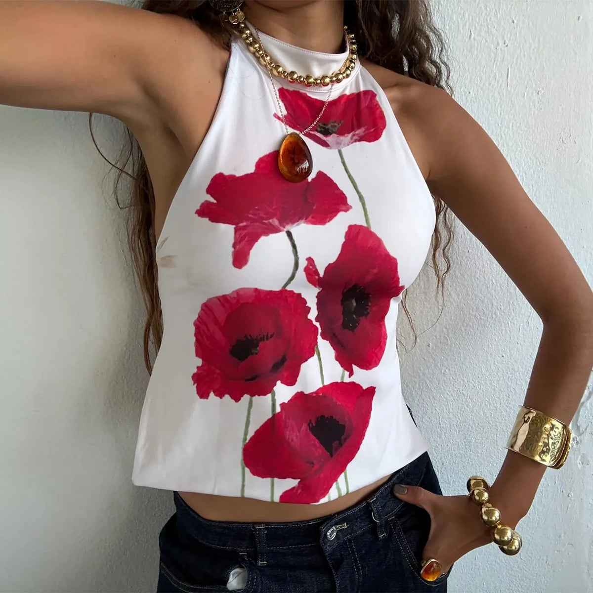 Boho Graphic Print Backless Camis Women Y2k Halter Tank Top Vintage Sleeveless Tie Up Crop Top Summer Vest Streetwear