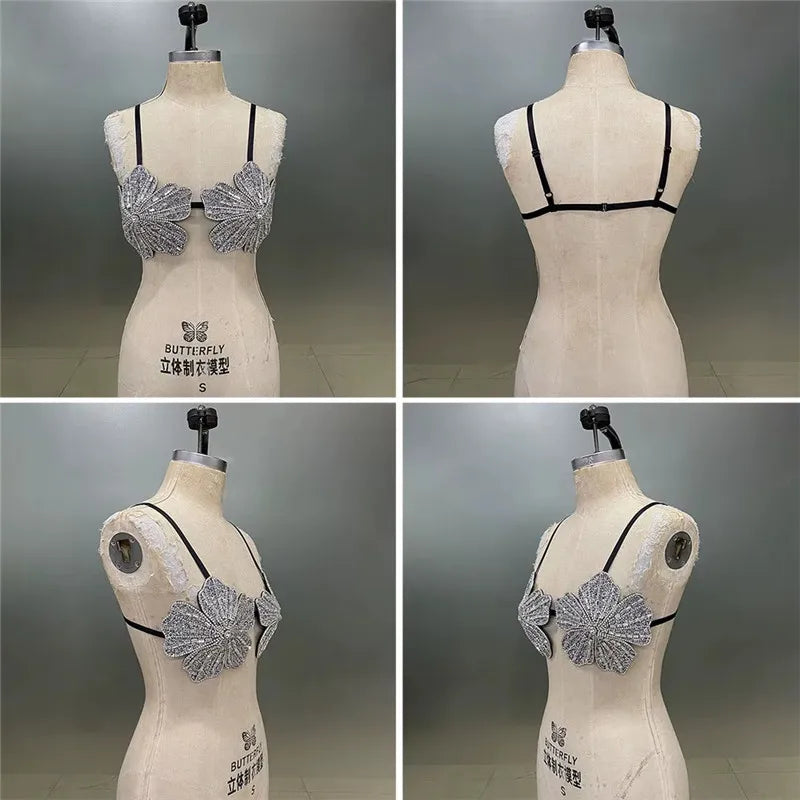 Handmade Women Sexy Carnival Festival Bralette Outfit Female Rhinestone Embellished Top Flora Crystal Bra Top Party Club