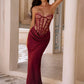 Lace Corset Satin Mermaid Maxi Dress Women Elegant Strapless Sweetheart Neck Ruched Waist Bodycon Evening Party Gown
