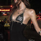 Sexy Two Tops Women Metal Ring Halter Number Print Mesh Bras+Buttons Decoration Tank Tops Hip-Hop Style Streetwear