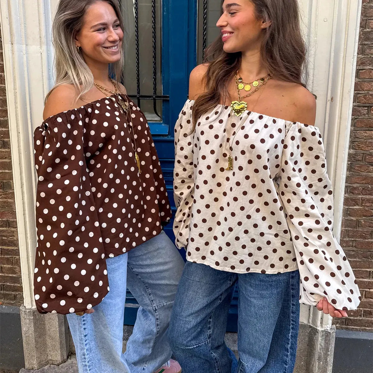Off Shoulder Tops Elegant Women Long Sleeve Brown Polka Dot Y2K Retro Fashion Blouse Shirts Party Spring Fall Streetwear