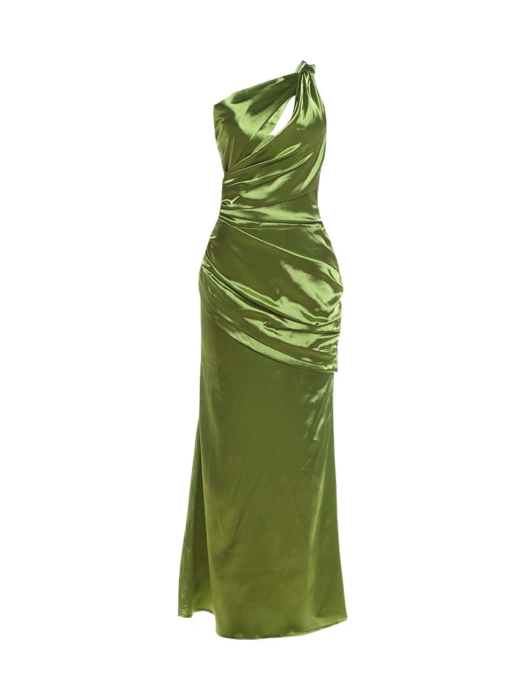Skew Collar Elegant Hollow Shirring Satin Dress Women Fashion Classic Ruched Patchwork Sleeveless Sexy Party Long Bodycon